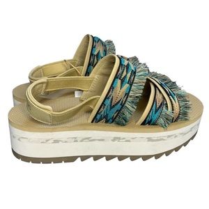 Teva womens flatform ceres platform sandals in tan size 9 blue fringe details